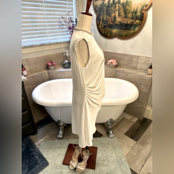 NWT Mac Duggal White Satin Gorgeous Ruched Dress With Classy Rhinestone - Picture 6 of 15